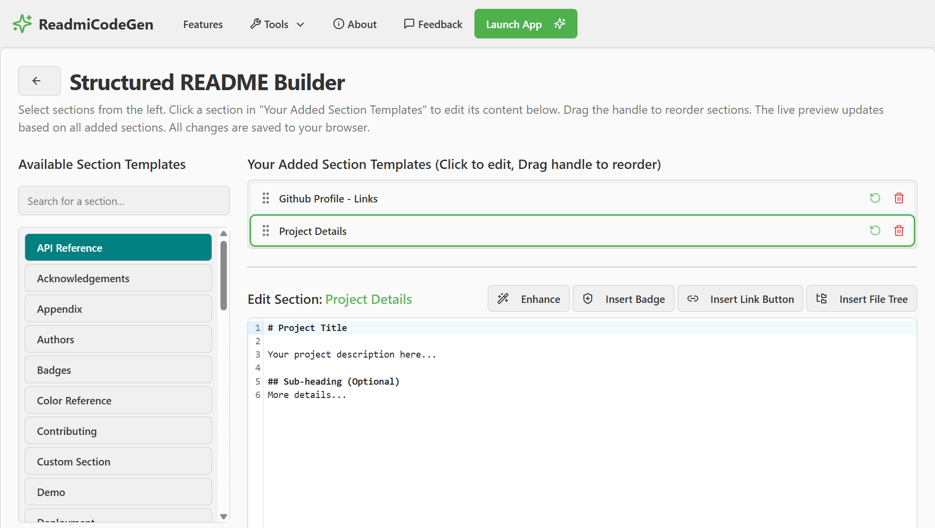 GitHub README Builder Interface