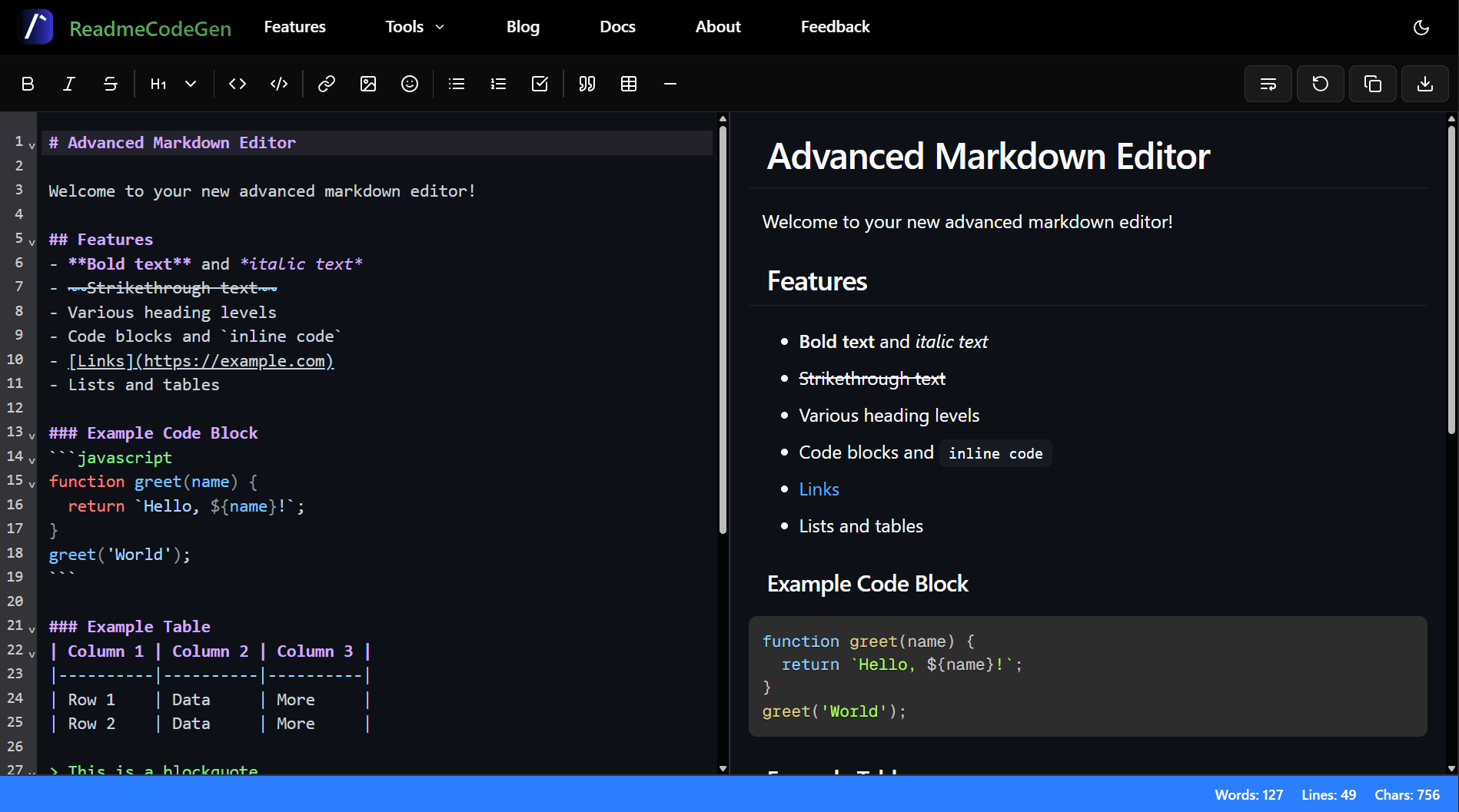 Advanced Markdown Editor with Live Preview and WYSIWYG Toolbar - Split Pane Interface