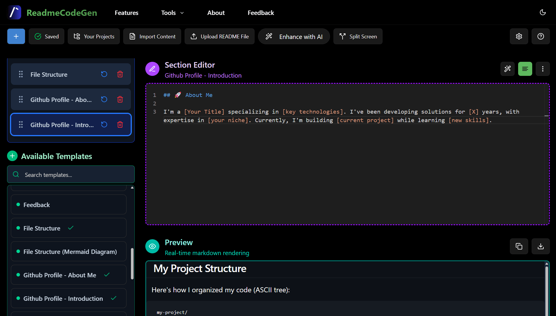 Screenshot of the ReadmeCodeGen README Builder interface